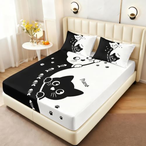 AILONEN Monochrome Feline Pair Fitted Sheet Set Twin XL, Fishbone