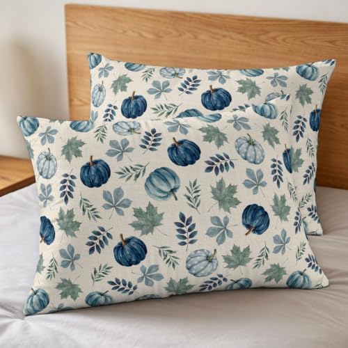 Blue Pumpkins Fall Duvet Cover Set 3 Pieces with Zipper Closure