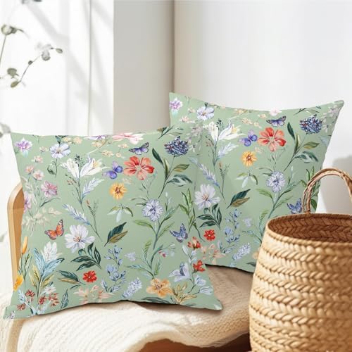 Spring Pillow Covers 22x22 Inch Set of 2 Sage Green Butterfly Flower