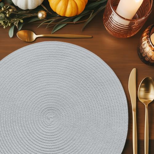 Silver Gray 15 Inch Round Placemats Set of 6, Boho Light Gray Solid