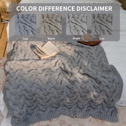 Cable Knit Throw Blanket, Soft Acrylic, Light Grey, 50x60