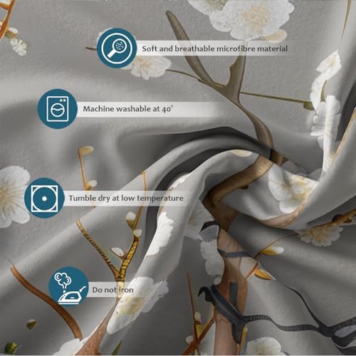 Chic White Cherry Blossom Duvet Cover Japanese Crane Bedding Set Gray
