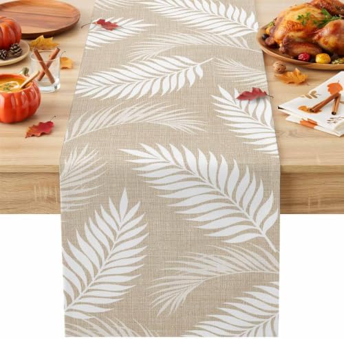 Beige Leaves Table Runner 108 Inch Long Dresser Scarves Linen