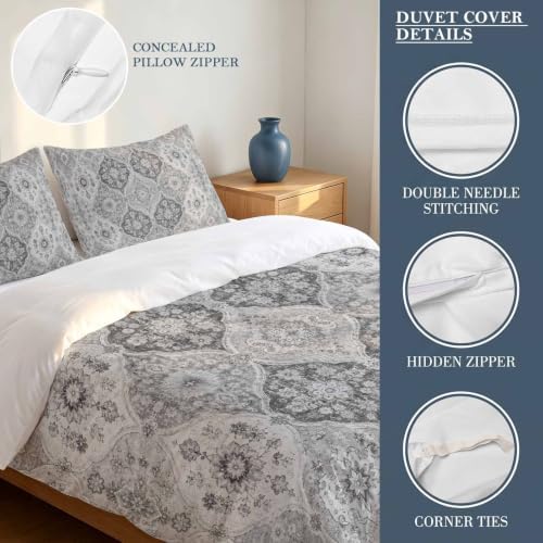 DecorLovee Grey Boho Duvet Cover Set 3 Pieces with Zipper Closure