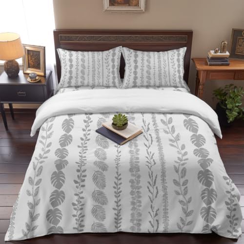 Grey Leaf Striped King 4 Piece Duvet Cover Set, Summer Botanical