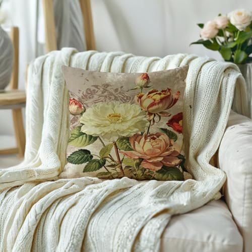 Vintage Rose Flower Throw Pillow Covers Set of 2 Shabby Chic Red