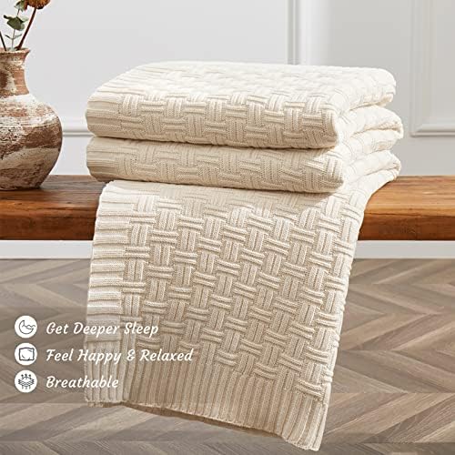 TREELY 100% Cotton Knitted Throw Blanket 50 x 60 Inches, Ivory White