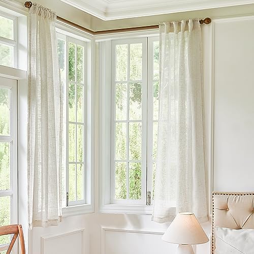 Natural Linen Bedroom Sheer Curtains 63 Inch Length 2 Panels Back Tab
