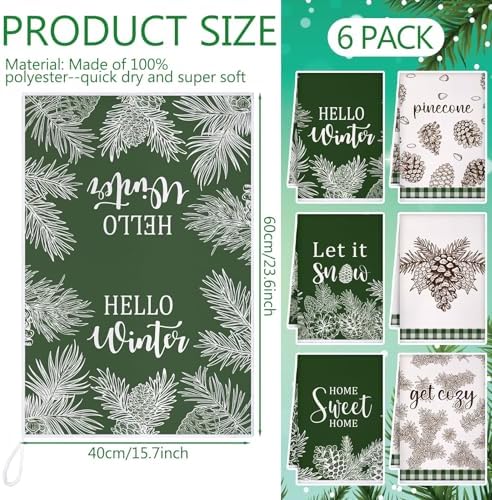 Preboun 6 Pcs Christmas Kitchen Towels Winter Hand Towels Pine Cones