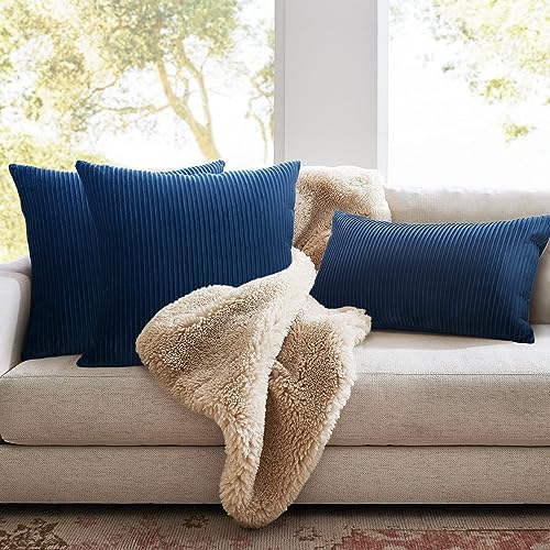 YCOLL Navy Blue Pillow Covers 22x22 Set of 2 Velvet Striped Pattern