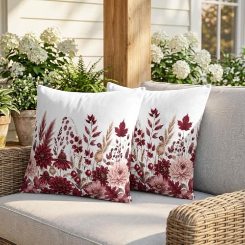Pillow Covers 18x18 Set of 2, Dark Red Floral Square Throw Pillow