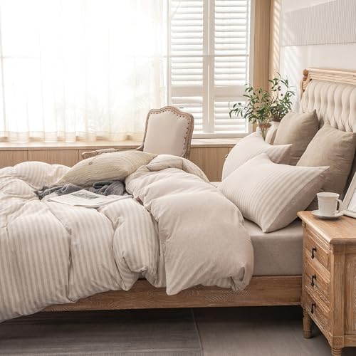 PURE ERA Jersey Duvet Cover Set Heather Beige Stripe Full