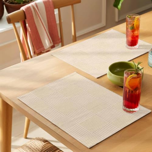 Minimalist Woven Strips Placemats Set of 8, Farmhouse Basket Beige