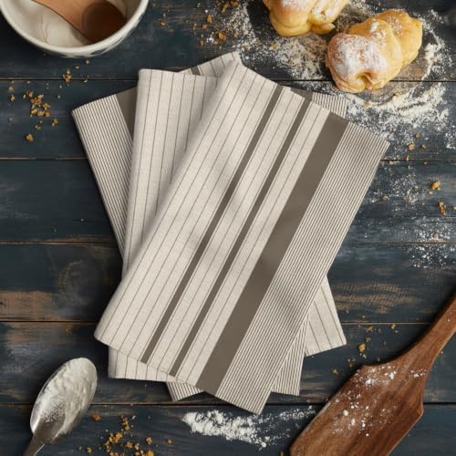 Brown Beige Striped Kitchen Towels Set of 3, Water Absorbent Dish