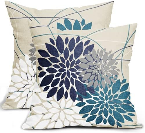 Navy Blue Teal White Grey Flower Pillow Covers 22x22 Set of 2 Dahlia