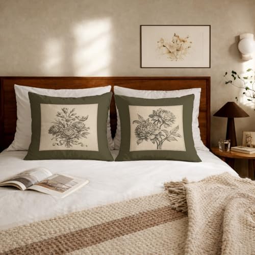 Vintage Peony Floral Pillow Covers 18x18, Antique Olive Green