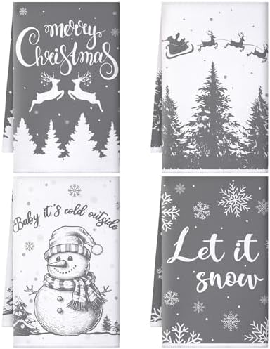 Sratte 4 Pcs Gray Christmas Kitchen Towels 16 x 24 Inch Winter Hand