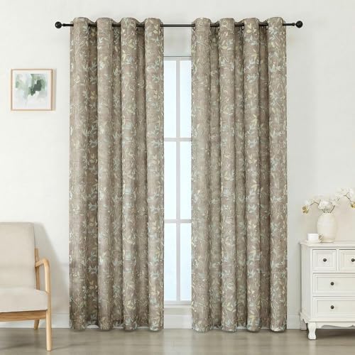 OWENIE Taupe Light Filtering Floral Curtains 84 Inches Long 2 Panels