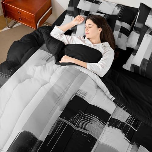 Feelyou Abstarct Comforter Set Twin Size 7 Pieces Black Gray Bedding