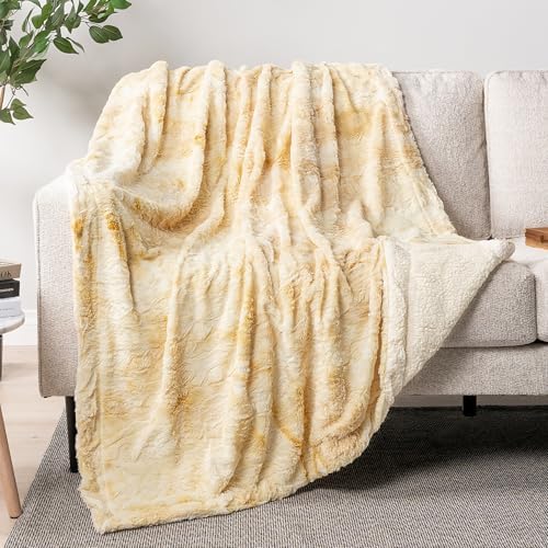 PAVILIA Tie Dye Faux Fur Sherpa Twin Blanket for Couch Bed, Cream