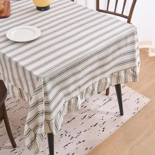 vctops Farmhouse Grey Stripe Ruffle Table Cloth, Boho Cotton Linen