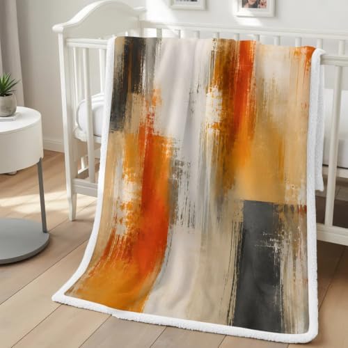 Fleece Sherpa Bed Blankets, Orange Beige Gray Microfiber Plush Flannel