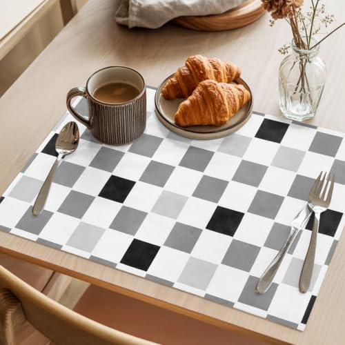 Grey Plaid Placemats Set of 8, Cotton Linen Fabric Place Mats, Modern