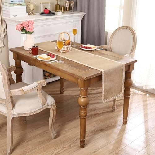 Khaki Table Runner 13 x 120 inch Long with Beige Lacework