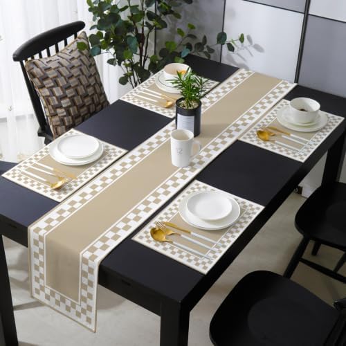 Beige White Checker Frame Design Table Runner and Placemats Set of 4