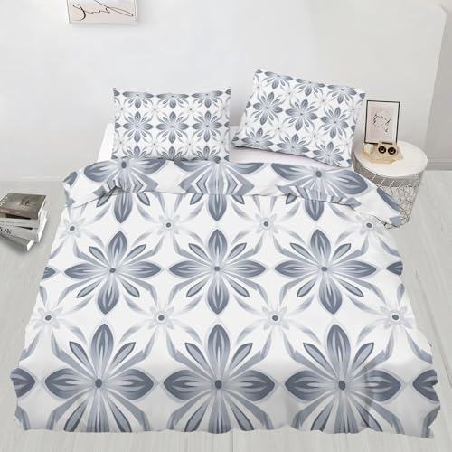 Grey Floral Duvet Cover King Size, Vintage Flower Comforter Cover 104"