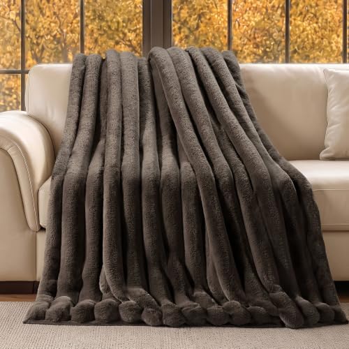 EverGrace Luxury Channel Faux Fur Throw Blanket, Dark Taupe, 50"x70"