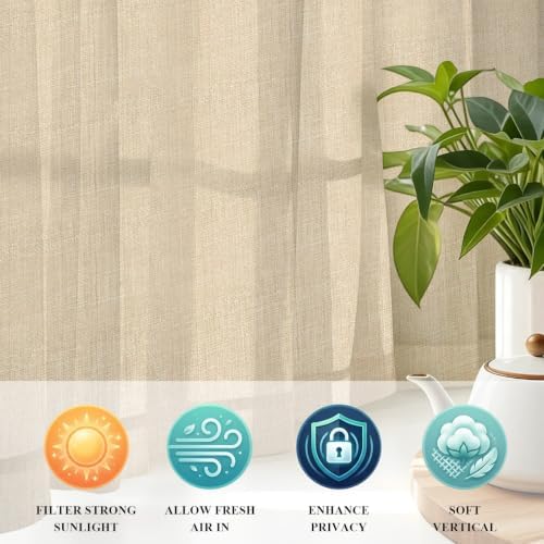 Rustic Beige Sheer Curtains 96 Inch Length 2 Panels Set Farmhouse