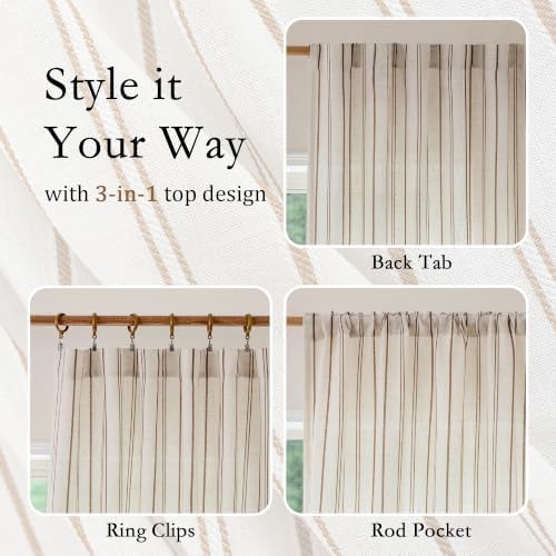 MYSKY HOME Light Brown Striped Linen Curtains for Living Room 96 Inch