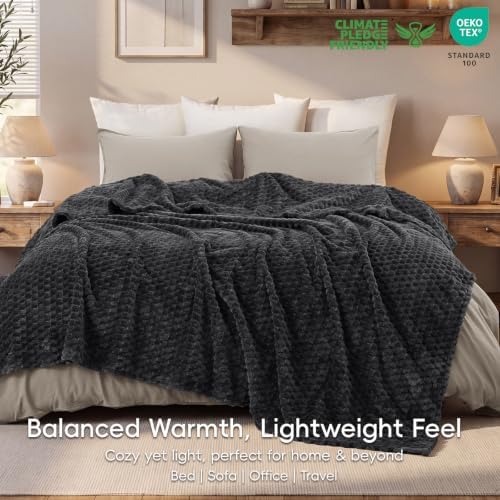 PHF Soft Cozy Fleece Blanket King, 340GSM Lightweight Warmth, Dark