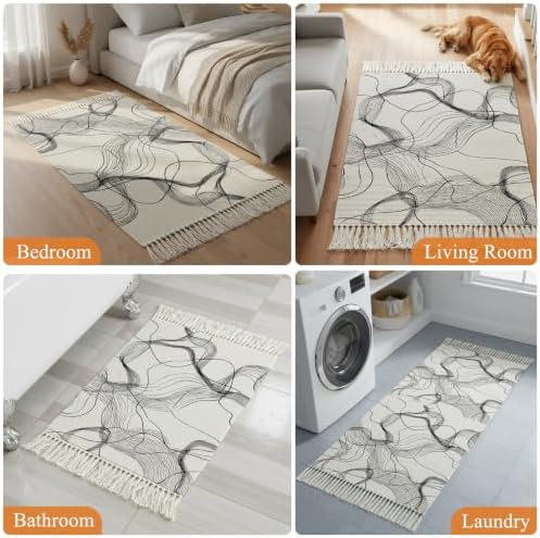 Abstract Smoky Waves Hallway Runner Rug 2'x5', Contemporary Gray White