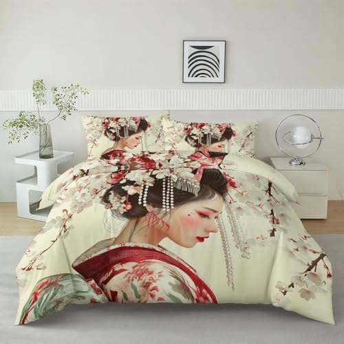 King Duvet Cover Set Japanese Geisha Flowers Soft Microfiber