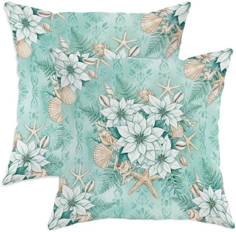 Coastal Poinsettia Winter Floral Throw Pillow Covers 22x22 Set of 2