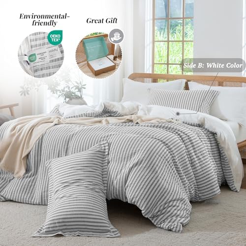 MILDLY Jacquard Striped Duvet Cover Set 3pcs Dual Zipper Grey King