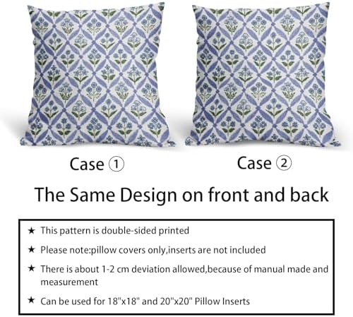 Blue Green Floral Block Print Pillow Covers 20X20 Set of 2, Flower