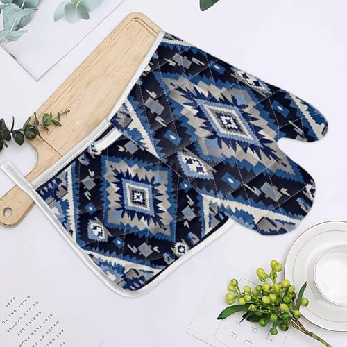 Quilted Cotton Terry Cloth Oven Mitt, Pot Holder Blue Grey Symmetry