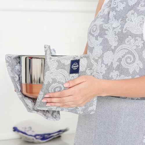 Encasa XO Pot Holders, Quilted Kitchen Hot Pads 8"x8" Grey