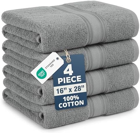 LANE LINEN Hand Towels 100% Cotton 4 Pack Soft Absorbent 16x28 - Grey