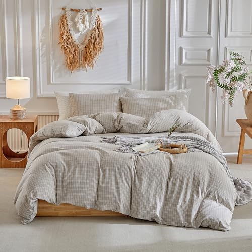 DuShow Grid Queen Duvet Cover Set - Taupe Plaid Checkered Washed