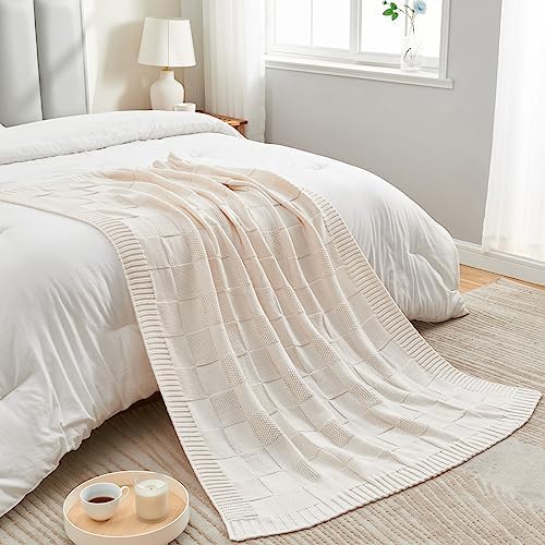 CozeCube Cream White Knitted Checkered Throw Blanket 50"X60"
