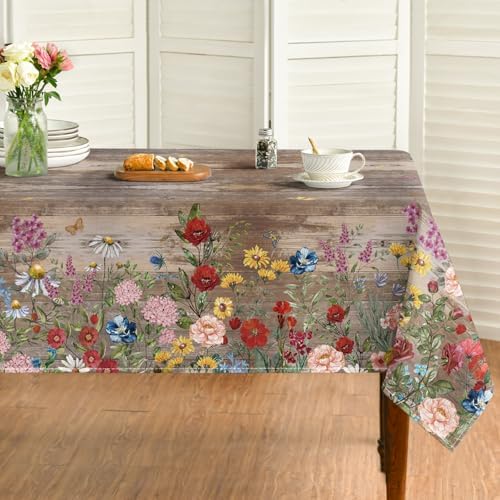 Horaldaily Spring Tablecloth 60 x 60 Inch Square Flowers Brown Wood