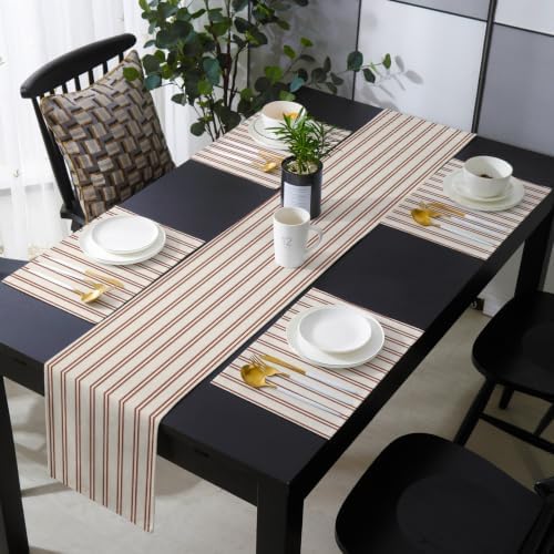 Stripes Table Runner and Placemats Set of 6 Light Khaki Cotton Linen