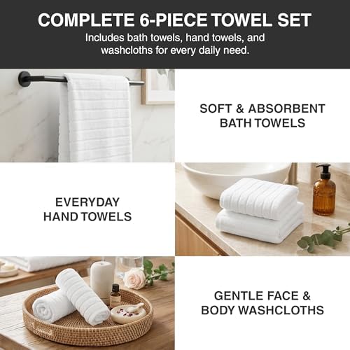 6 Piece Towel Sets for Bathroom - Includes 2 Bath Towels, 2 Hand