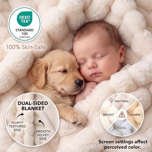 Soft Throw Blanket, 1000 GSM Faux Fur Bubble Blanket, Cream 50x60