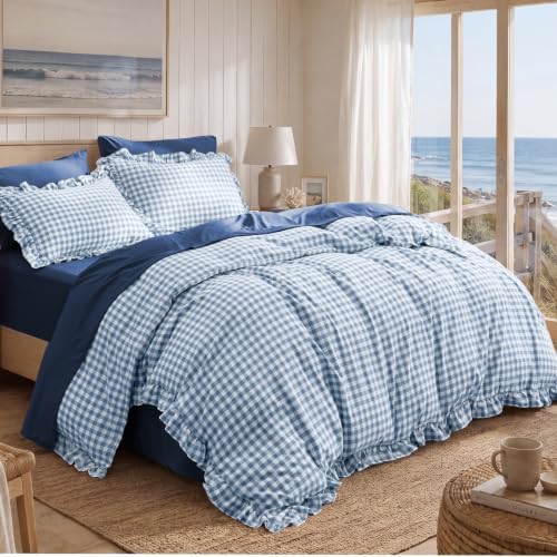 Bedsure Gingham Ruffle Duvet Cover Set, Queen Cotton-Like Quilt Cover