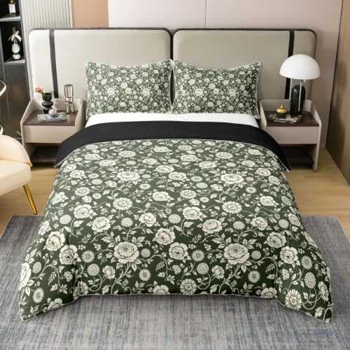 Feelyou Sage Green Floral Duvet Cover 100% Cotton Queen Size Tropical